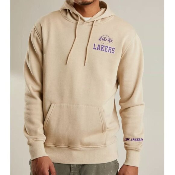 Los Angeles Lakers Chenille Vintage Lettering Hoodie Taupe Sweatshirt Unisex - Picture 1 of 13